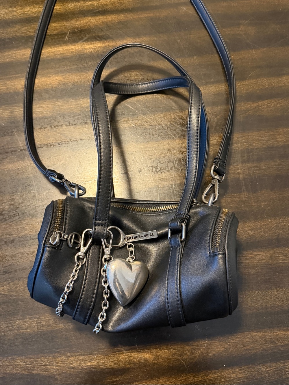 silence + noise Black Mini Shoulder Bag with Silver Heart Charm